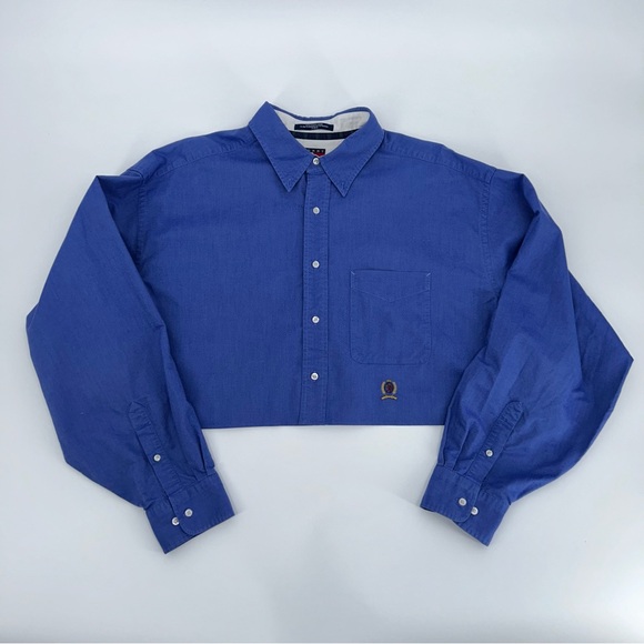 Tommy Hilfiger Cropped Oversized Blue Shirt Embroidery Patch & Pocket One Size - Picture 1 of 1